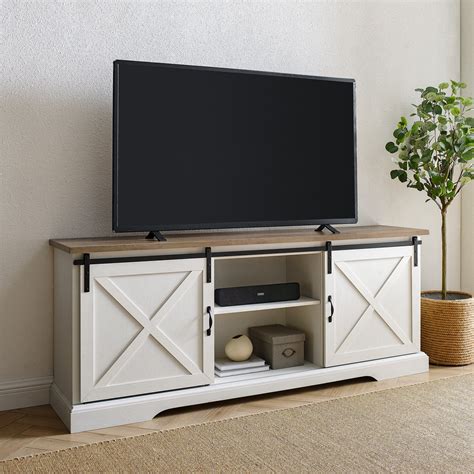 Manor Park Sliding Door TV Stand for TVs up to 80", White/Barnwood - Walmart.com - Walmart.com