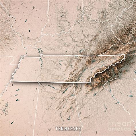 Tennessee State USA 3D Render Topographic Map Neutral Border Digital Art by Frank Ramspott ...