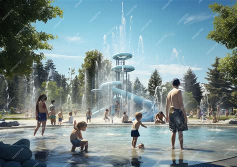 Premium AI Image | Parents and children playing on a park splash pad