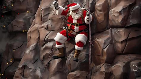 Premium Photo | Santa is climbing a rock wall or climbing wall