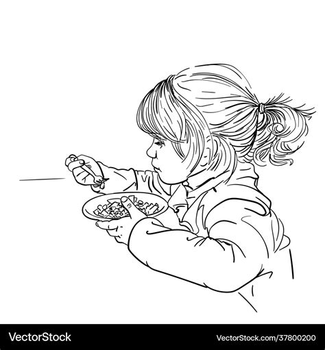 Drawing cute little girl eating food with fork Vector Image