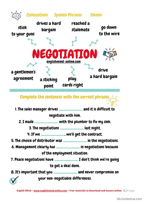 Negotiation phrases and idioms: English ESL worksheets pdf & doc