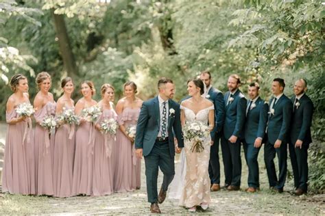 Rustic, Elegant Wedding Party with Dusty-Pink Dresses and Navy Suits ...