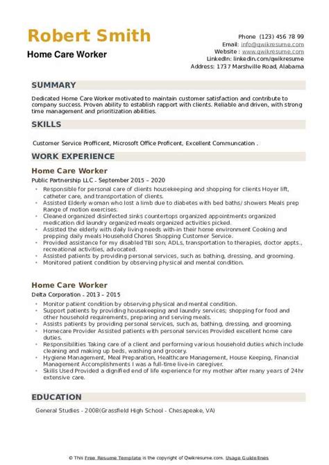 Home Care Worker Resume Samples | QwikResume