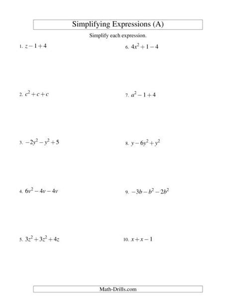 Simplifying Expressions Algebra 1 Worksheets