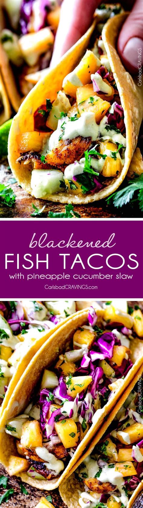 fish tacos with pineapple slaw and cilantro sauce