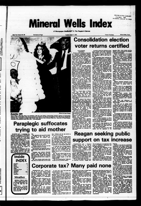 Mineral Wells Index (Mineral Wells, Tex.), Vol. 82, No. 89, Ed. 1 Tuesday, August 17, 1982 - The ...