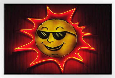 Glowing Sun Wearing Shades Sunglasses Illuminated Neon Sign Photo Photograph White Wood Framed ...