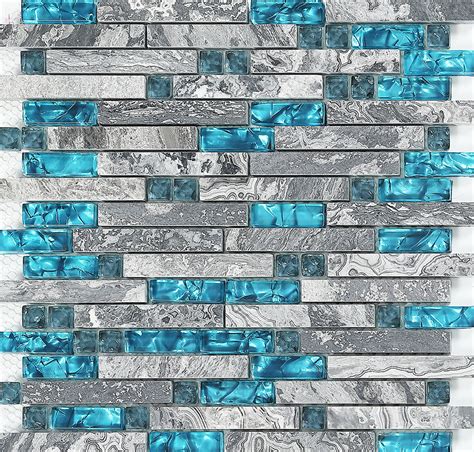 Blue glass stone mosaic wall tiles gray marble tile kitchen backsplash | Bravotti.com