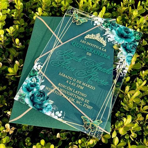 Emerald Green and Gold Frame with Butterflies Acrylic Invitations | Emerald green wedding theme ...