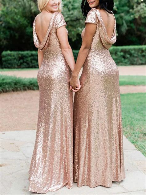 MEET Sequin Backless Bridesmaid Dress Rose Gold Sleeveless Long Evening Gowns Formal Dusty Rose ...
