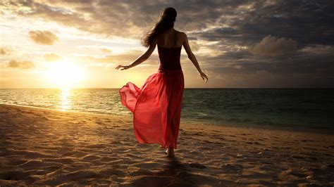 2560x1440 Women Beach Sand Walking Red Dress 1440P Resolution HD 4k Wallpapers, Images ...