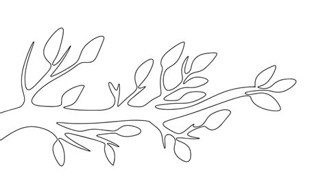 Tree branch with leaves. One line continuous branch and leaves. Line ...