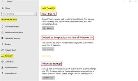 Windows Update and Security settings in Windows 10