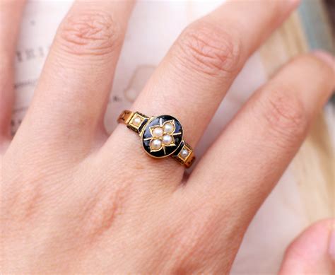 1878 Victorian Mourning Ring 18k Gold Pearls Black Enamel — Heart of ...