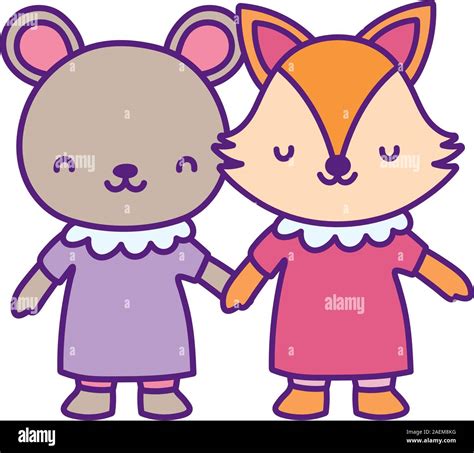 baby shower female bear and fox with dress holding hands vector illustration Stock Vector Image ...