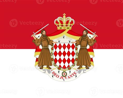 The official current flag and coat of arms of the Principality of Monaco. State flag of the ...