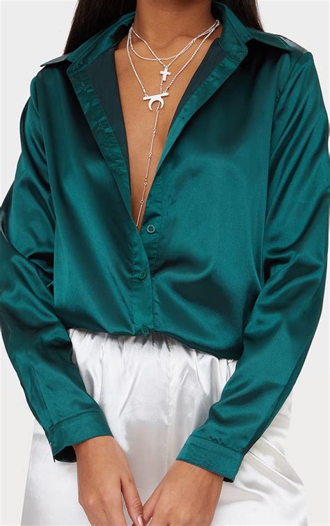 Emerald Green Satin Button Front Shirt | PrettyLittleThing AUS