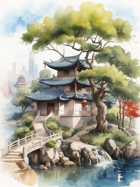 Premium AI Image | A watercolor painting of a tree with a Chinese house ...