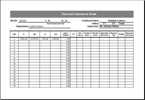 Editable Printable Time and Attendance Sheet | Excel Templates