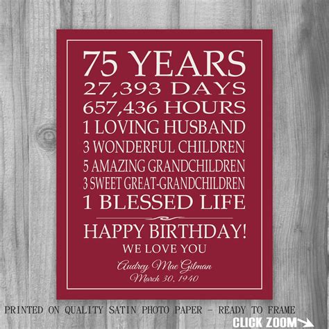 75th BIRTHDAY GIFT Sign Print Personalized Art Mom Dad Grandma