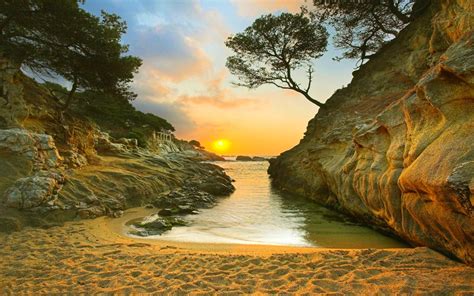 nature, Landscape, Sunrise, Beach, Sand, Trees, Rock, Coast, Sea ...