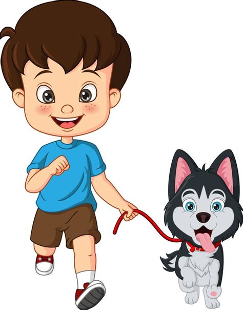 niño pequeño de dibujos animados jugando con perro 5565936 Vector en ...