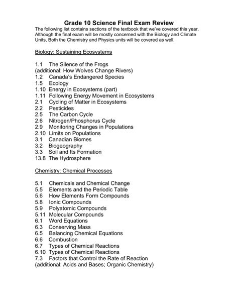 Grade 10 Science Final Exam Review