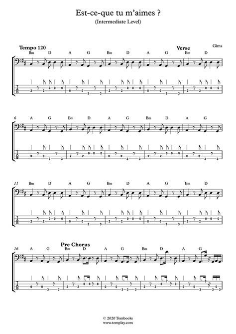 Bass Sheet Music Est-ce que tu m'aimes ? (Intermediate Level) (Gims)