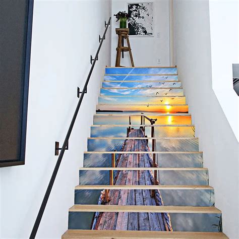 6pcs/13pcs DIY Stair Stickers 3D Seaside Scenery Stairway Stickers for ...