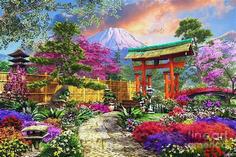 Japanese Garden, painting, summer, flowers, path, artwork, HD wallpaper ...