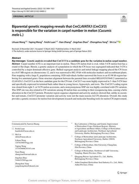 Biparental genetic mapping reveals that CmCLAVATA3 (CmCLV3) is responsible for the variation in ...