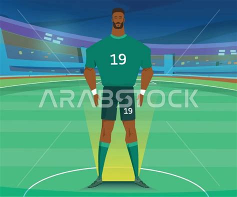 رياضة كرة القدم، مفهوم الألعاب الرياضية، تصميم للاعب المنتخب السعودي فهد المولد يقف باستقامة وسط ...