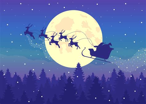 Santa sleigh with reindeers silhouette on night sky flat color vector illustration. Xmas holiday ...