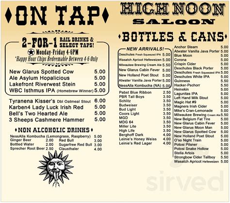 Menu for High Noon Saloon in Madison, WI | Sirved