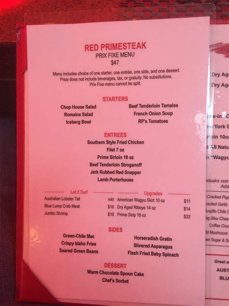 Menu at Red PrimeSteak steakhouse, Oklahoma City, 504 N Broadway Ave