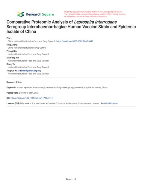 (PDF) Comparative Proteomic Analysis of Leptospira Interrogans Serogroup Icterohaemorrhagiae ...