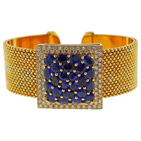 Gold Diamond Sapphire Cuff Bracelet For Sale at 1stDibs