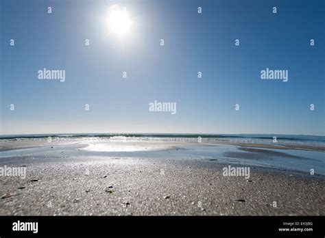 Papamoa Beach scene showing earth's curvature on horizon as sun rises directly above Stock Photo ...