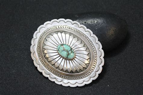 Large Sterling Silver Turquoise Concho Brooch, Big Sterling Silver Native American Turquoise ...