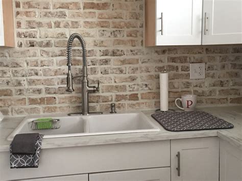 Kitchen Backsplash using German Schmear finish thin brick veneer ...