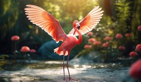 Premium AI Image | A flamingo with its wings spread stands in a stream.