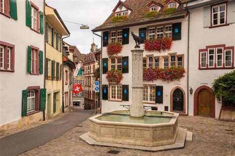 Gemsberg Fountain And Colorful Buildings In Basel Stock Image - Image ...