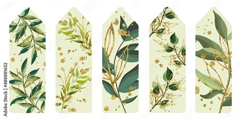 Vector illustration Set of five bookmarks decorated with botanical art texture. Bookmarks with ...