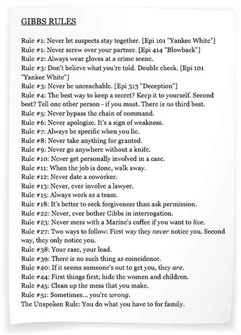 Ncis Gibbs' Rules Printable List