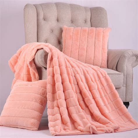 Peach Echo Rabbit Faux Fur Throw Blanket and Pillow set combo. The Rabbit Faux Fur combination ...