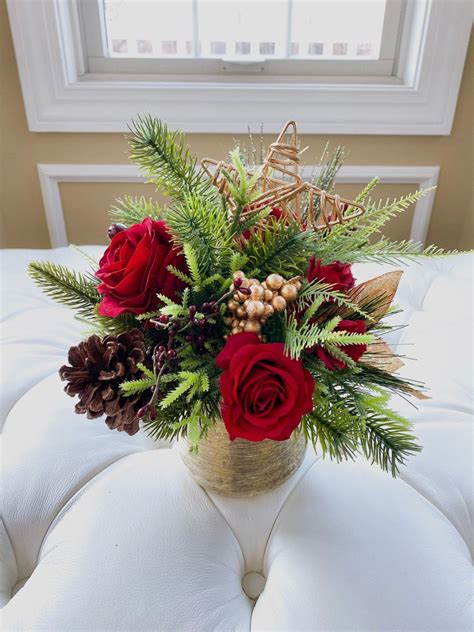 Red Green and Gold Christmas Arrangement in Gold Toned | Etsy ...