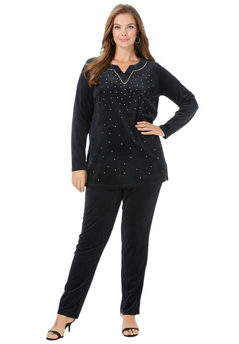 Roaman's Women's Plus Size Velour Tunic & Pant Set Matching Long Shirt ...