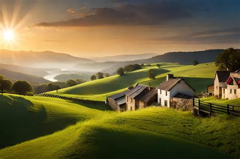 Premium Photo | A rural scene with a field and hills and a sunset