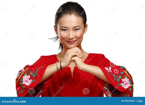 Chinese Woman Greeting Gesture in Elegant Red Dress Stock Image - Image of congratulation ...